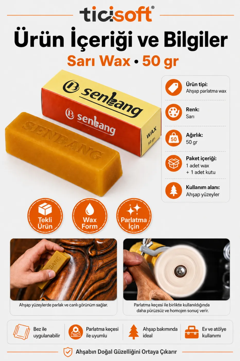 Ahşap Parlatma Polisaj Pastası Sarı Wax 50 gr Balmumu Cila Macunu Ahşap Bakım Parlatıcı