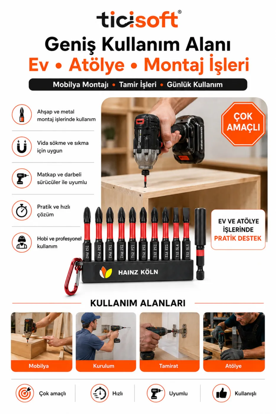 12 Parça Yıldız Düz Vidalama Uç Seti PH PZ SL Torsiyonlu Bits Takımı Manyetik Uzatma Adaptörlü Karabinalı