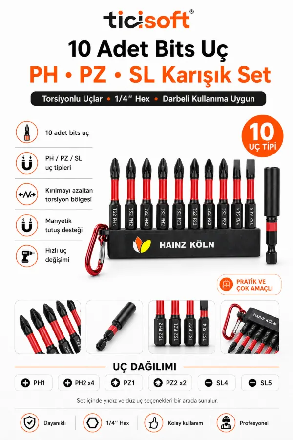 12 Parça Yıldız Düz Vidalama Uç Seti PH PZ SL Torsiyonlu Bits Takımı Manyetik Uzatma Adaptörlü Karabinalı