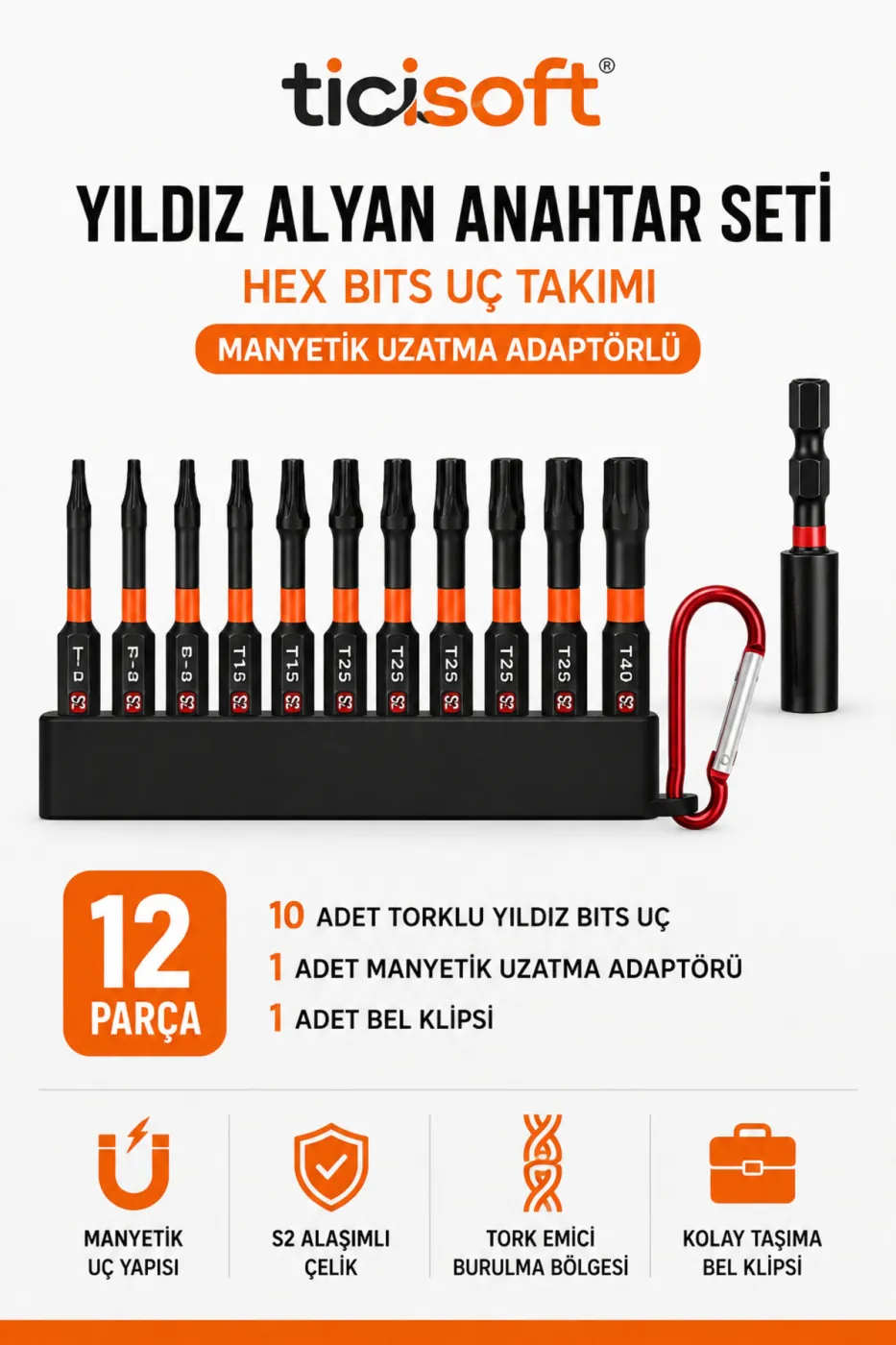 12 Parça Torx Bits Uç Seti T7 T8 T9 T10 T15 T20 T25 T27 T30 T40 S2 Çelik Manyetik Uzatma Adaptörlü