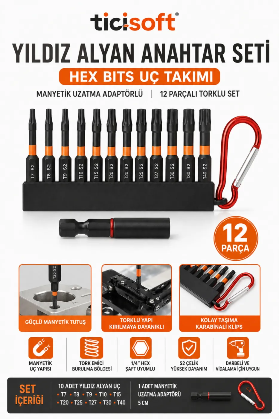 12 Parça Torx Bits Uç Seti T7 T8 T9 T10 T15 T20 T25 T27 T30 T40 S2 Çelik Manyetik Uzatma Adaptörlü