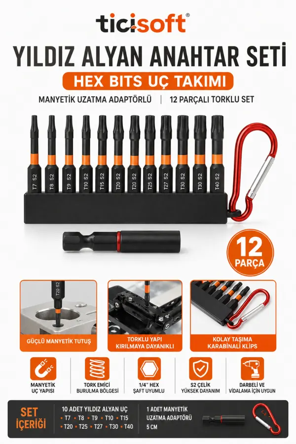 12 Parça Torx Bits Uç Seti T7 T8 T9 T10 T15 T20 T25 T27 T30 T40 S2 Çelik Manyetik Uzatma Adaptörlü