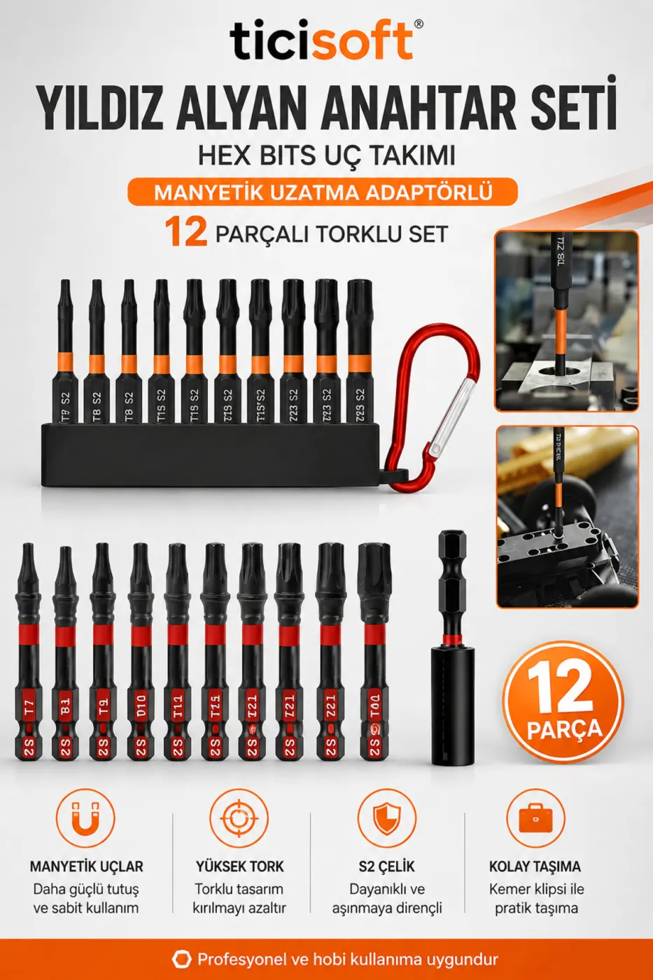 12 Parça Torx Bits Uç Seti T7 T8 T9 T10 T15 T20 T25 T27 T30 T40 S2 Çelik Manyetik Uzatma Adaptörlü