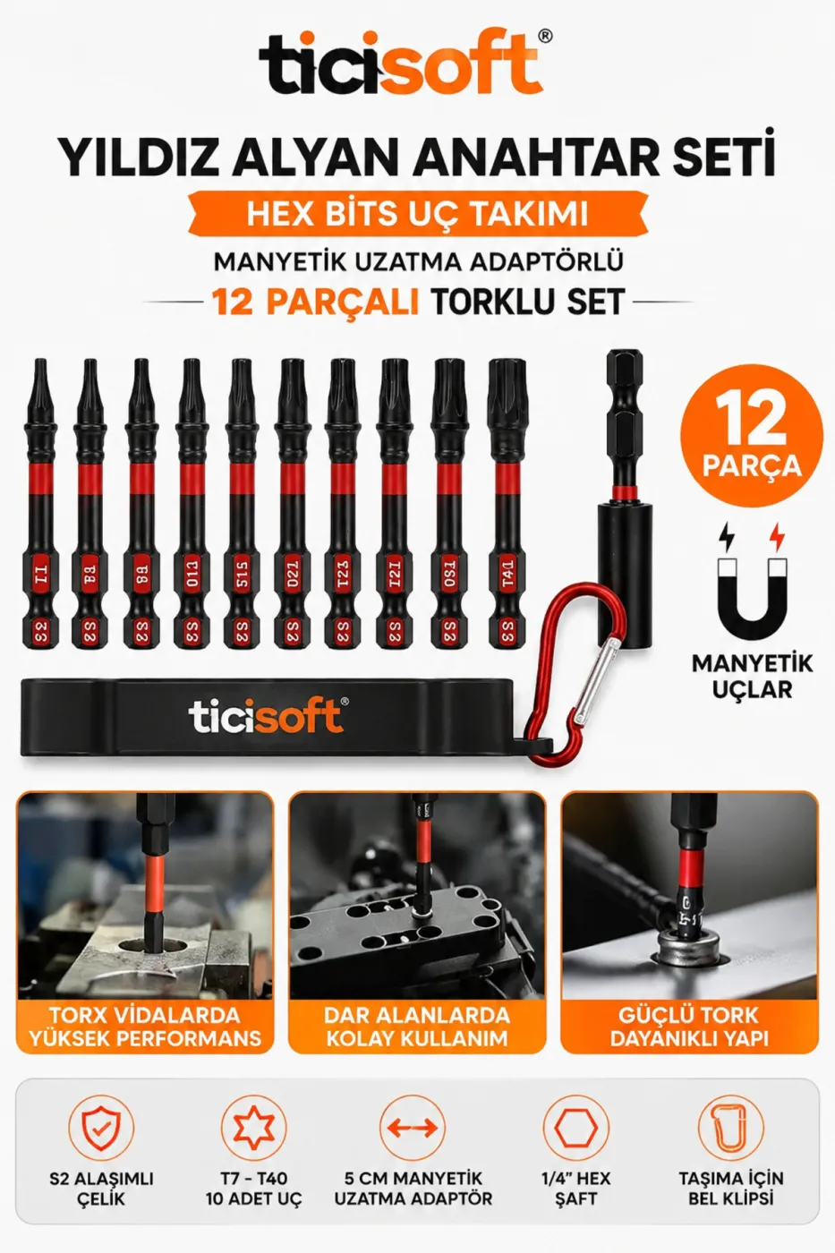 12 Parça Torx Bits Uç Seti T7 T8 T9 T10 T15 T20 T25 T27 T30 T40 S2 Çelik Manyetik Uzatma Adaptörlü