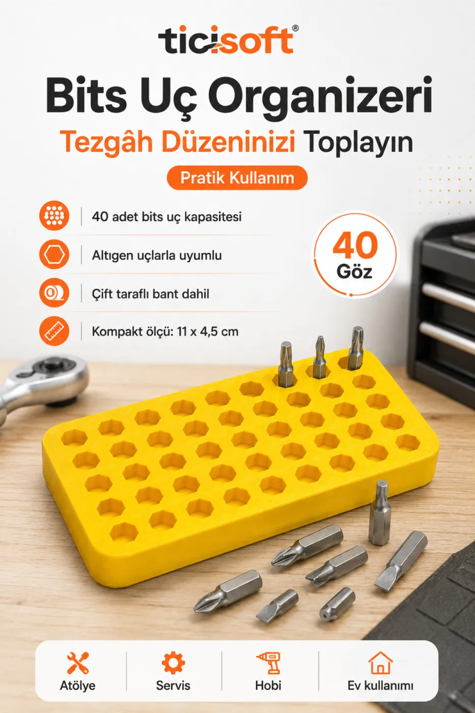 40 Gözlü Bits Uç Organizeri Altıgen Uç Düzenleyici 11 x 4,5 cm Çift Taraflı Bantlı