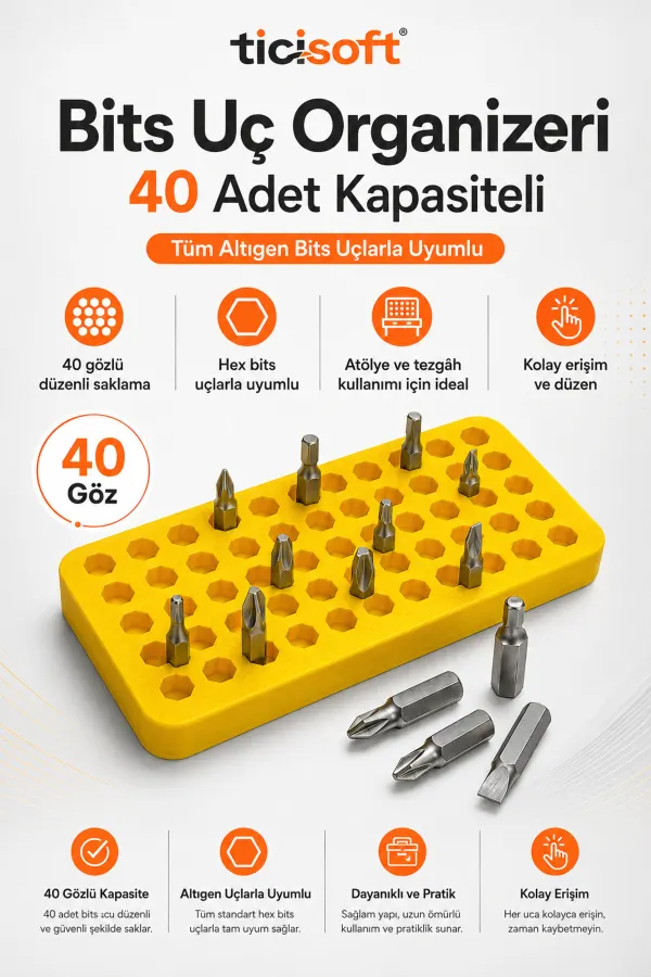 40 Gözlü Bits Uç Organizeri Altıgen Uç Düzenleyici 11 x 4,5 cm Çift Taraflı Bantlı