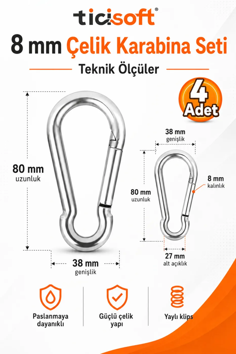 8 mm Çelik Yaylı Karabina Kanca 4 Adet 80 mm Klipsli Karabina Seti