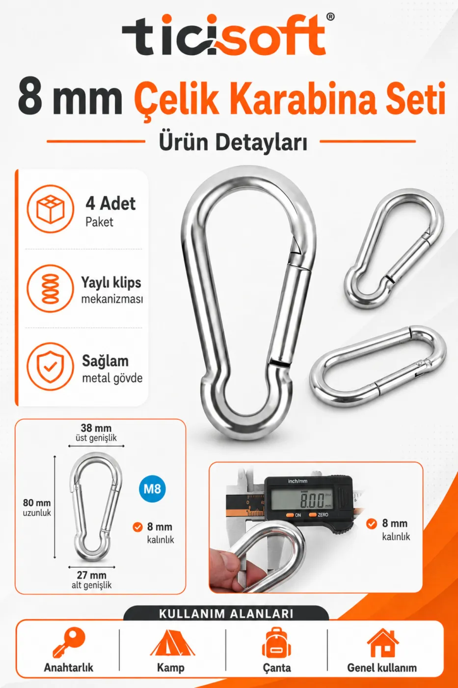 8 mm Çelik Yaylı Karabina Kanca 4 Adet 80 mm Klipsli Karabina Seti
