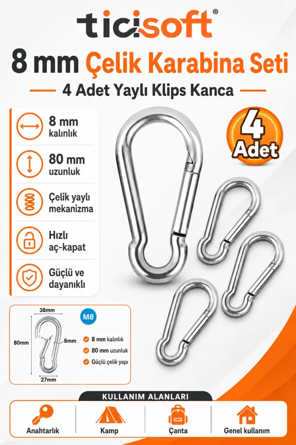 8 mm Çelik Yaylı Karabina Kanca 4 Adet 80 mm Klipsli Karabina Seti