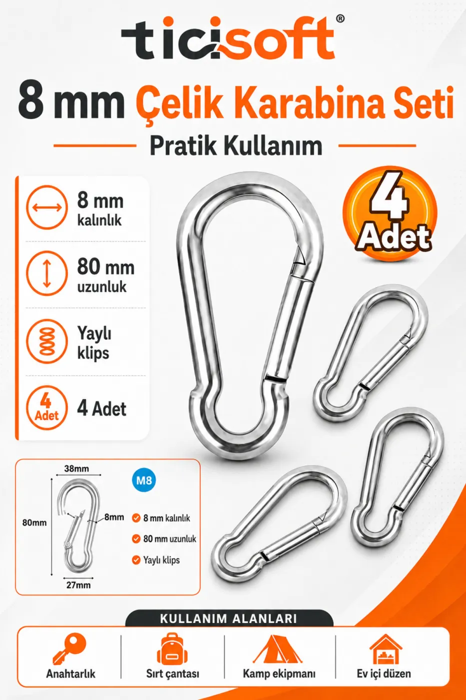 8 mm Çelik Yaylı Karabina Kanca 4 Adet 80 mm Klipsli Karabina Seti