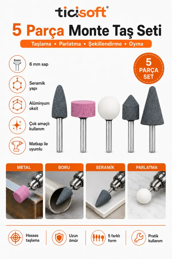 5 Parça 6 mm Saplı Monte Taş Seti Seramik Alüminyum Oksit Taşlama Parlatma Oyma Uçları