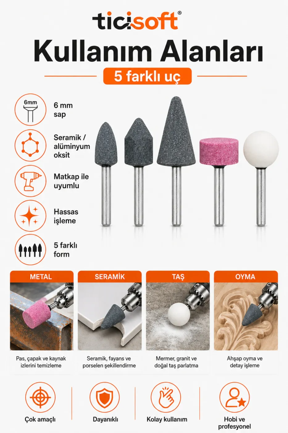 5 Parça 6 mm Saplı Monte Taş Seti Seramik Alüminyum Oksit Taşlama Parlatma Oyma Uçları
