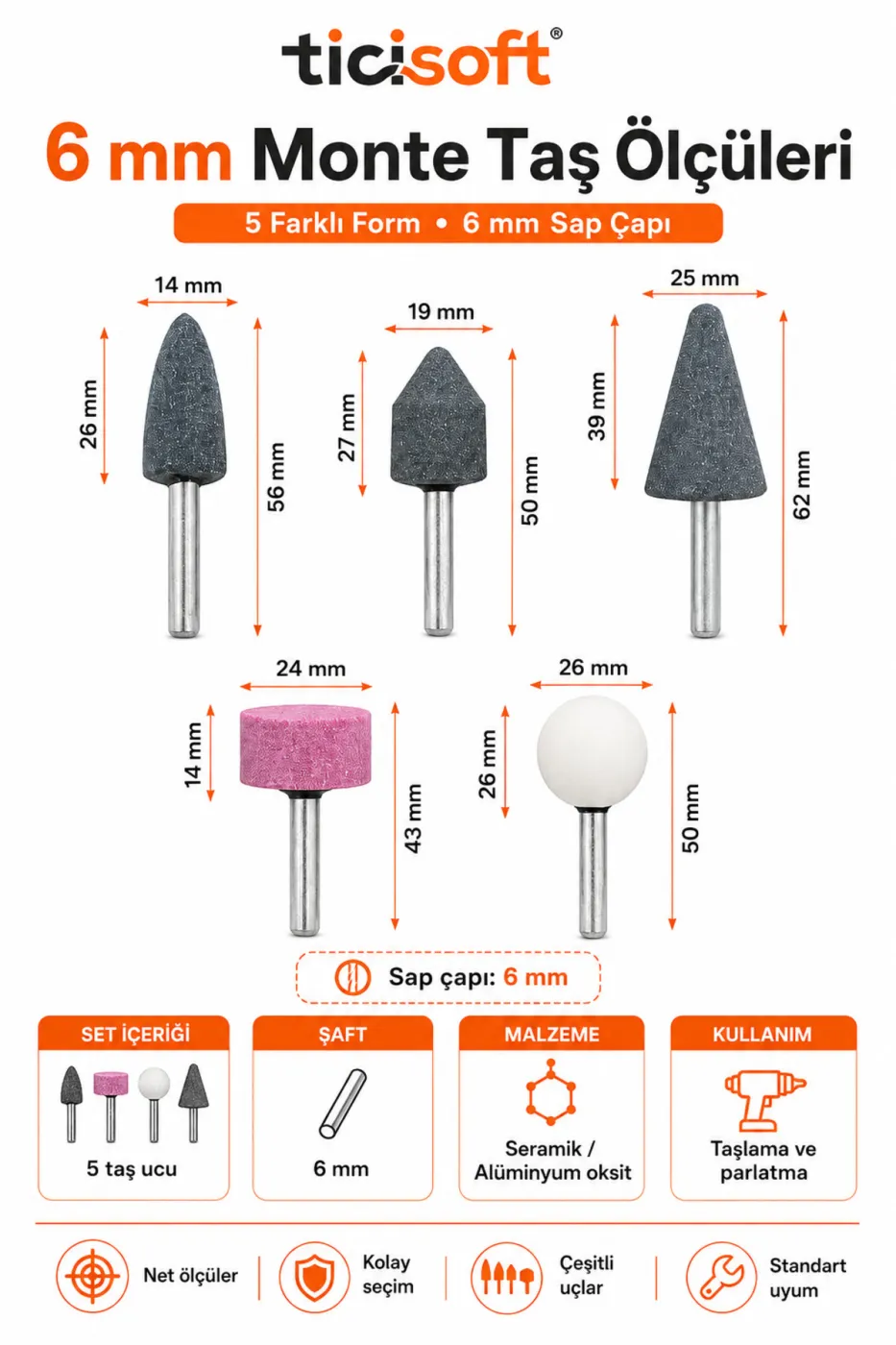 5 Parça 6 mm Saplı Monte Taş Seti Seramik Alüminyum Oksit Taşlama Parlatma Oyma Uçları