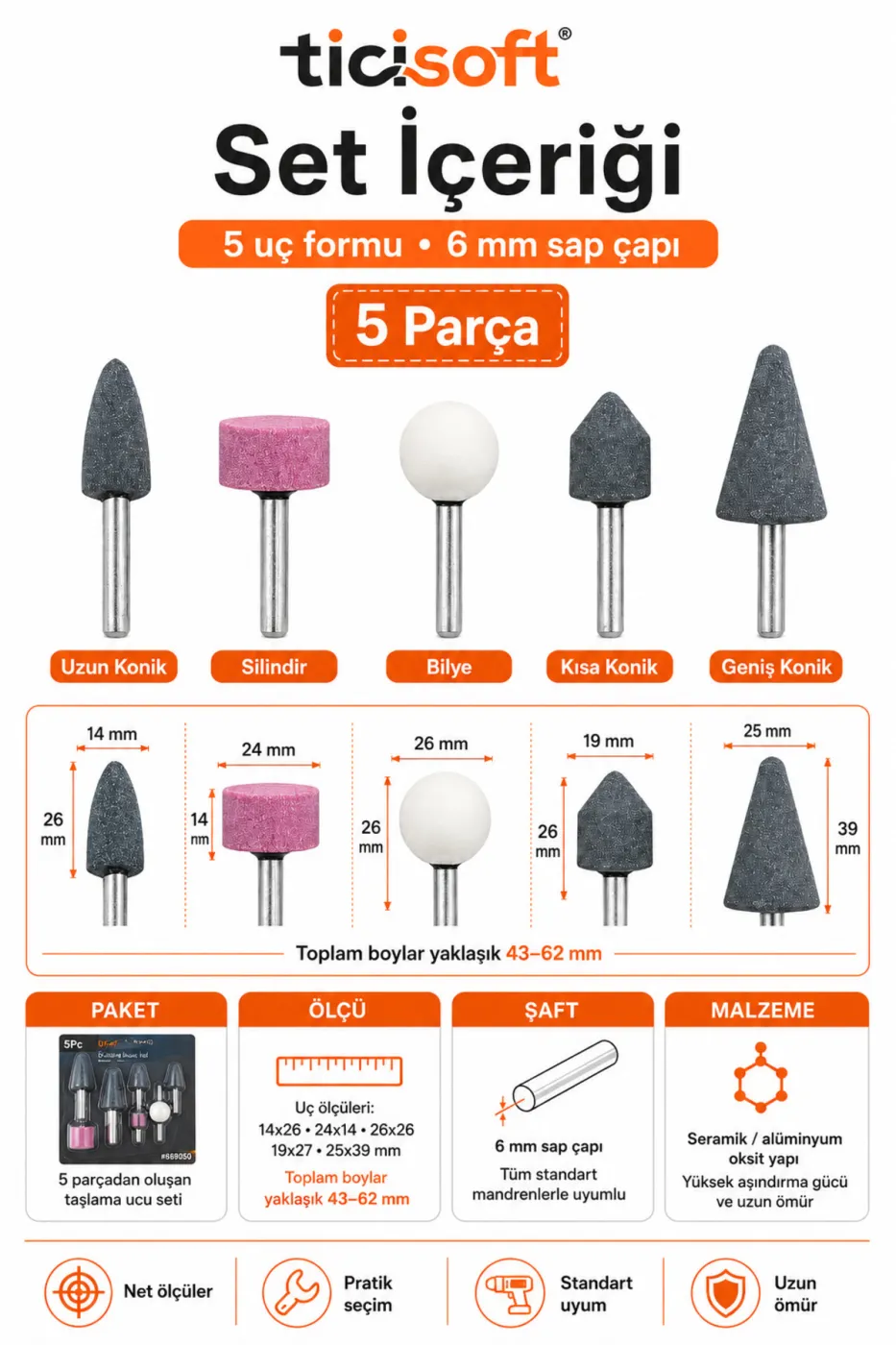 5 Parça 6 mm Saplı Monte Taş Seti Seramik Alüminyum Oksit Taşlama Parlatma Oyma Uçları