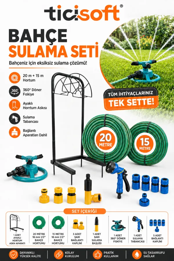 35 Metre Bahçe Sulama Seti 20 m + 15 m Hortum, Ayaklı Hortum Askısı, 360° Döner Fıskiye ve Sulama Tabancası
