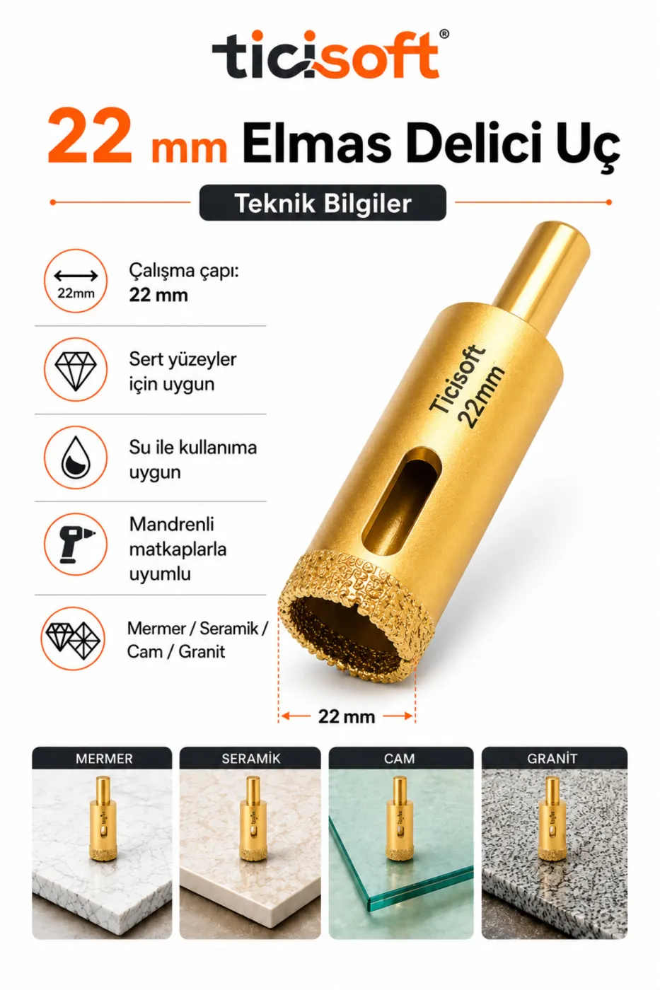 22 mm Elmas Delici Uç Mermer Seramik Cam Granit Panç Matkap Ucu
