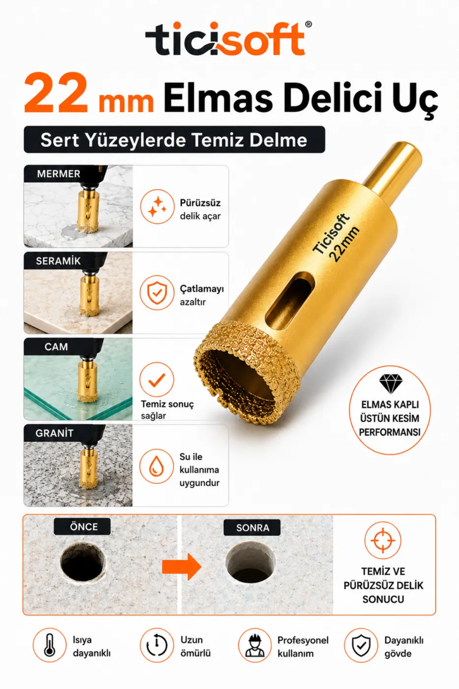 22 mm Elmas Delici Uç Mermer Seramik Cam Granit Panç Matkap Ucu