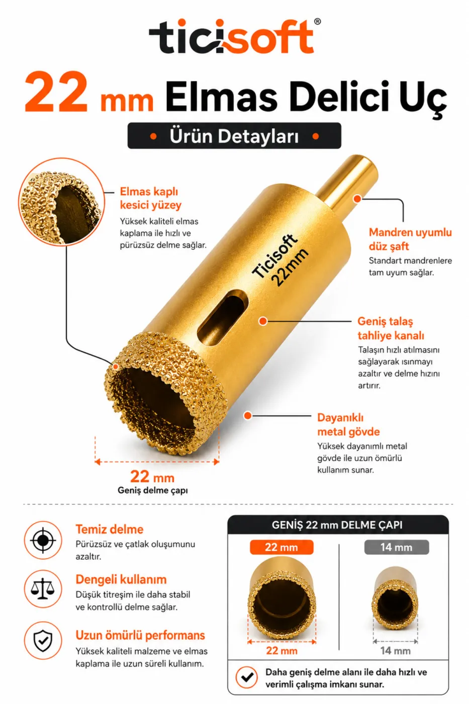 22 mm Elmas Delici Uç Mermer Seramik Cam Granit Panç Matkap Ucu