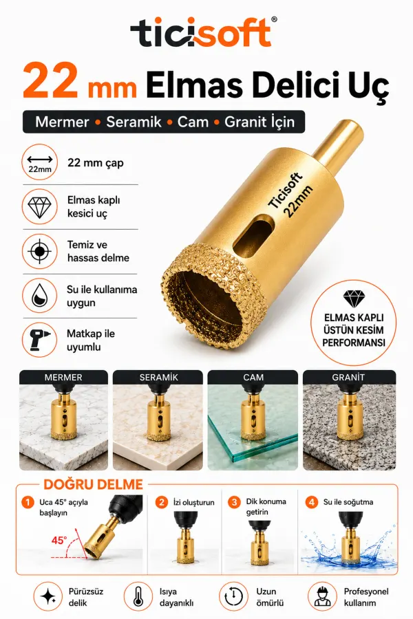 22 mm Elmas Delici Uç Mermer Seramik Cam Granit Panç Matkap Ucu