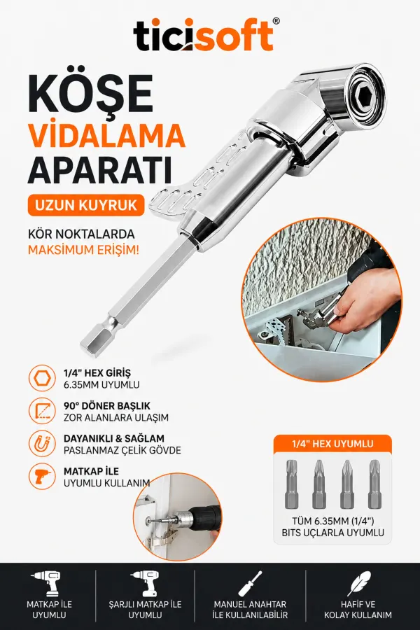 Köşe Vidalama Aparatı 1/4 İnç 6.35 mm Hex 90 Derece Açılı Matkap Adaptörü Uzun Kuyruk 140 mm