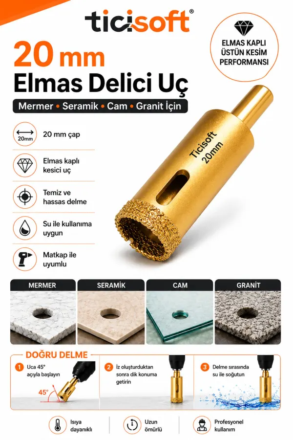 20 mm Elmas Delici Uç Mermer Seramik Cam Granit Panç Matkap Ucu