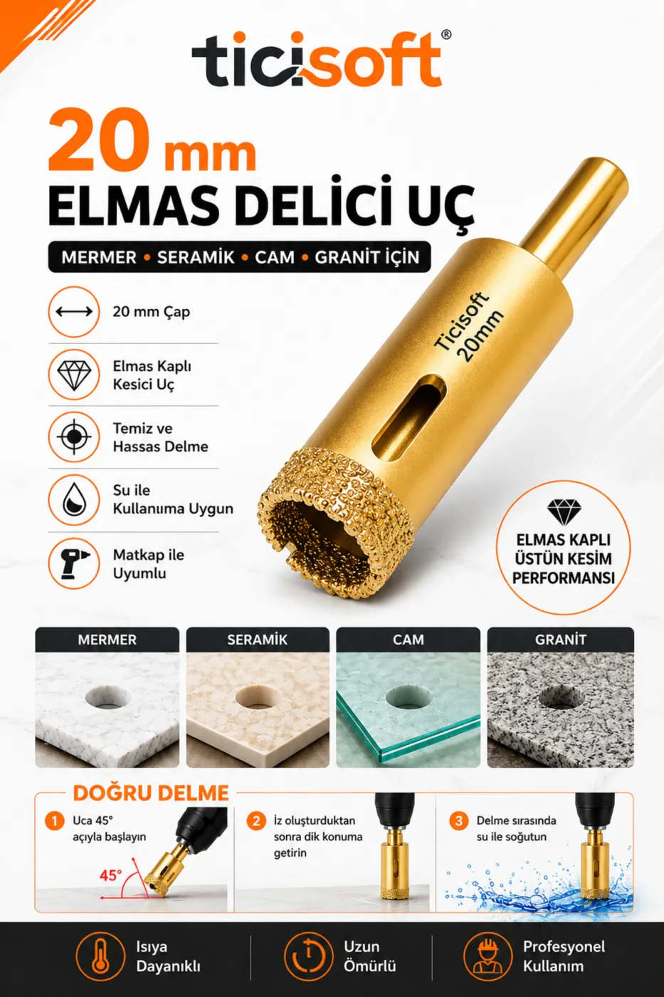 20 mm Elmas Delici Uç Mermer Seramik Cam Granit Panç Matkap Ucu