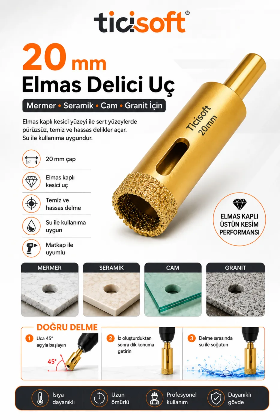 20 mm Elmas Delici Uç Mermer Seramik Cam Granit Panç Matkap Ucu