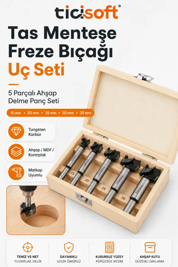 Tas Menteşe Freze Bıçağı Uç Seti 5 Parça 15 20 25 30 35 mm Ahşap Delme Panç Matkap Ucu