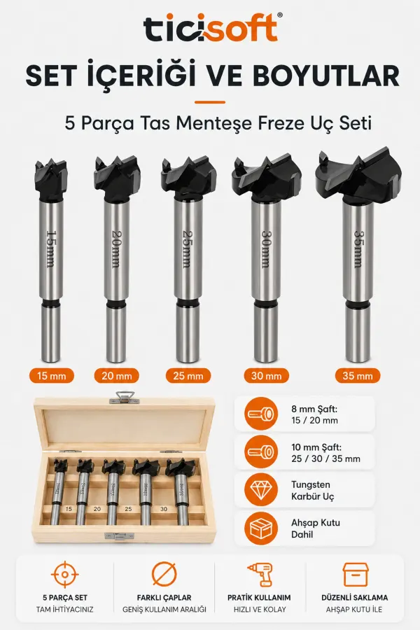 Tas Menteşe Freze Bıçağı Uç Seti 5 Parça 15 20 25 30 35 mm Ahşap Delme Panç Matkap Ucu