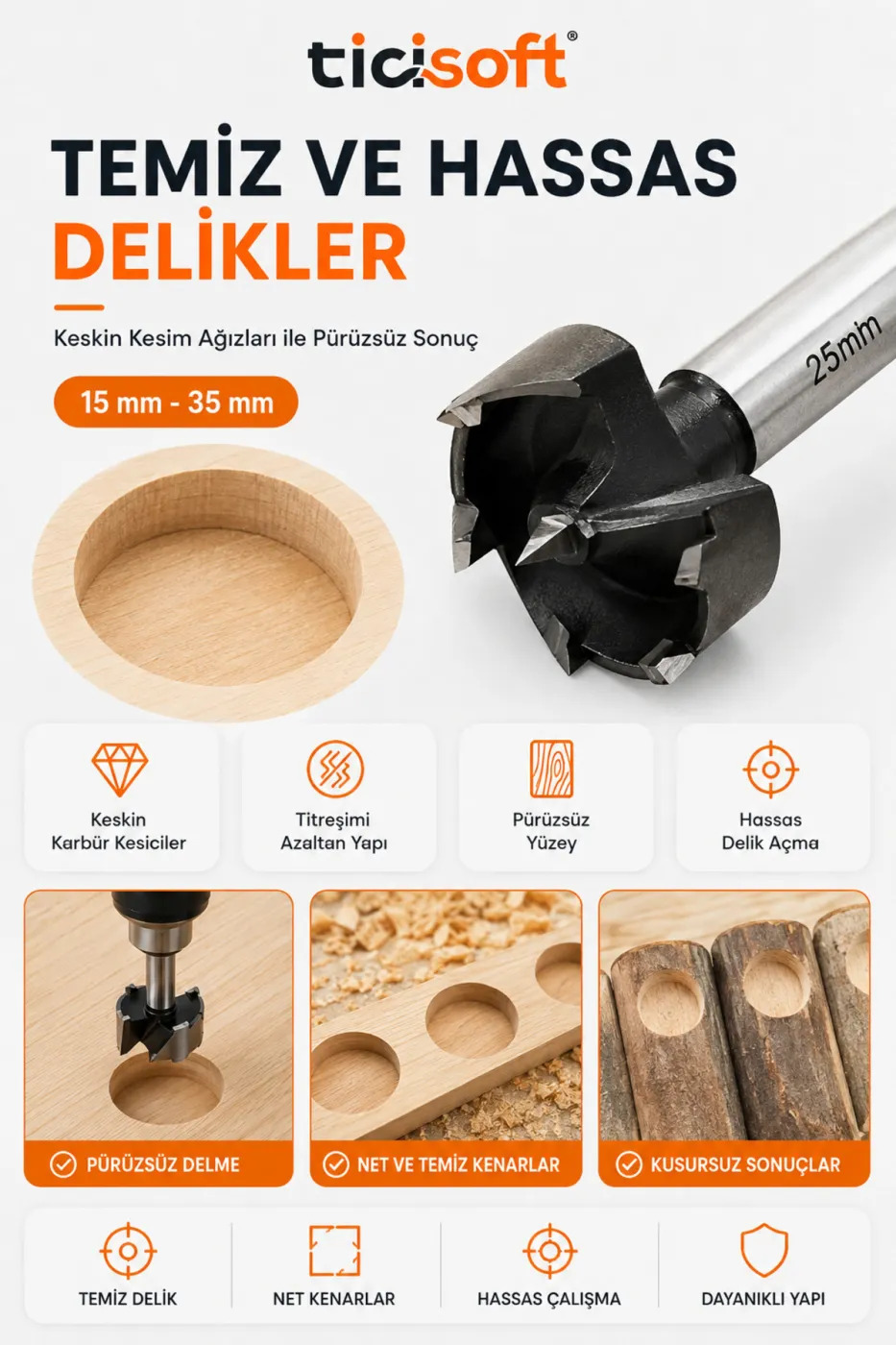 Tas Menteşe Freze Bıçağı Uç Seti 5 Parça 15 20 25 30 35 mm Ahşap Delme Panç Matkap Ucu
