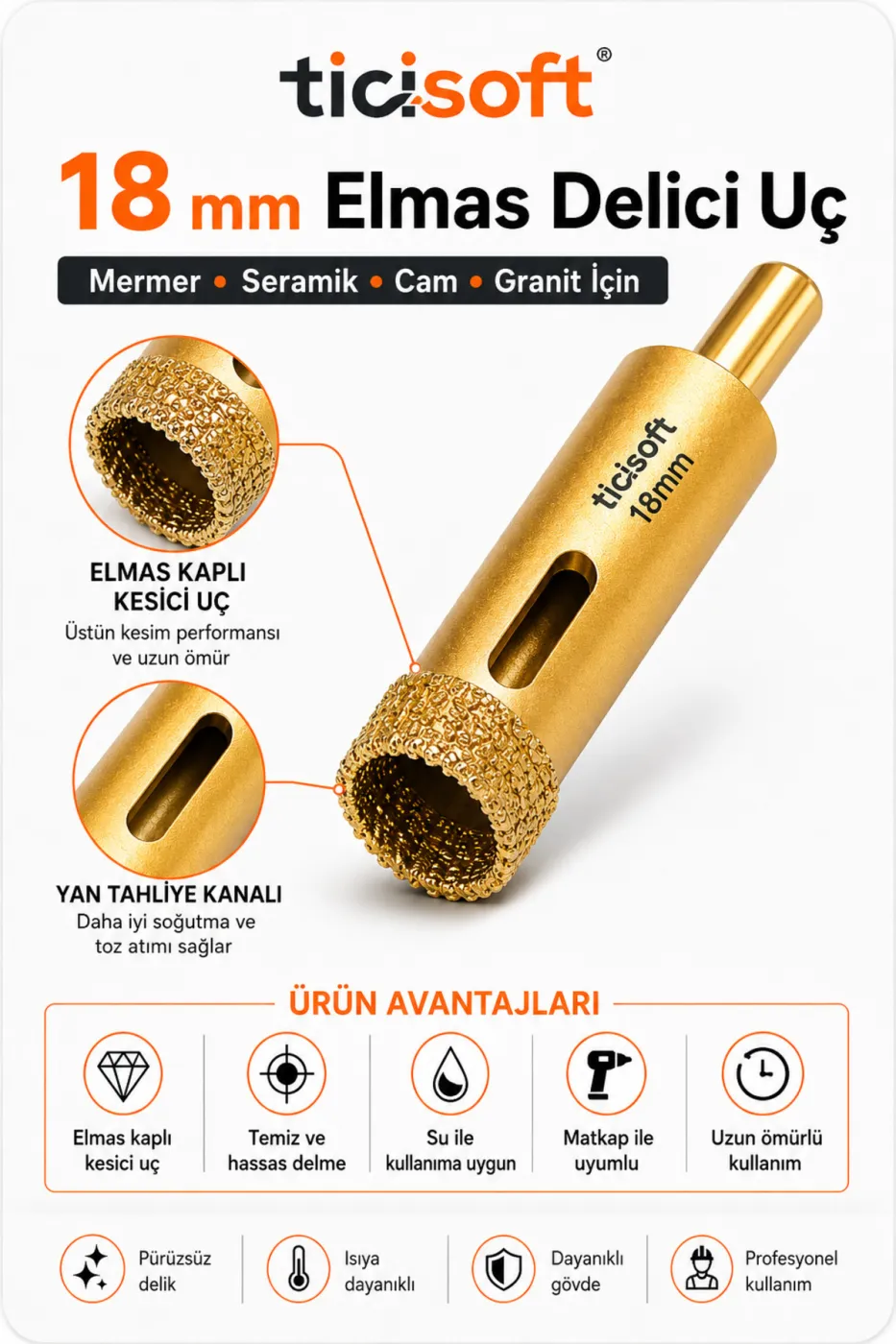 18 mm Elmas Delici Uç Mermer Seramik Cam Granit Panç Matkap Ucu