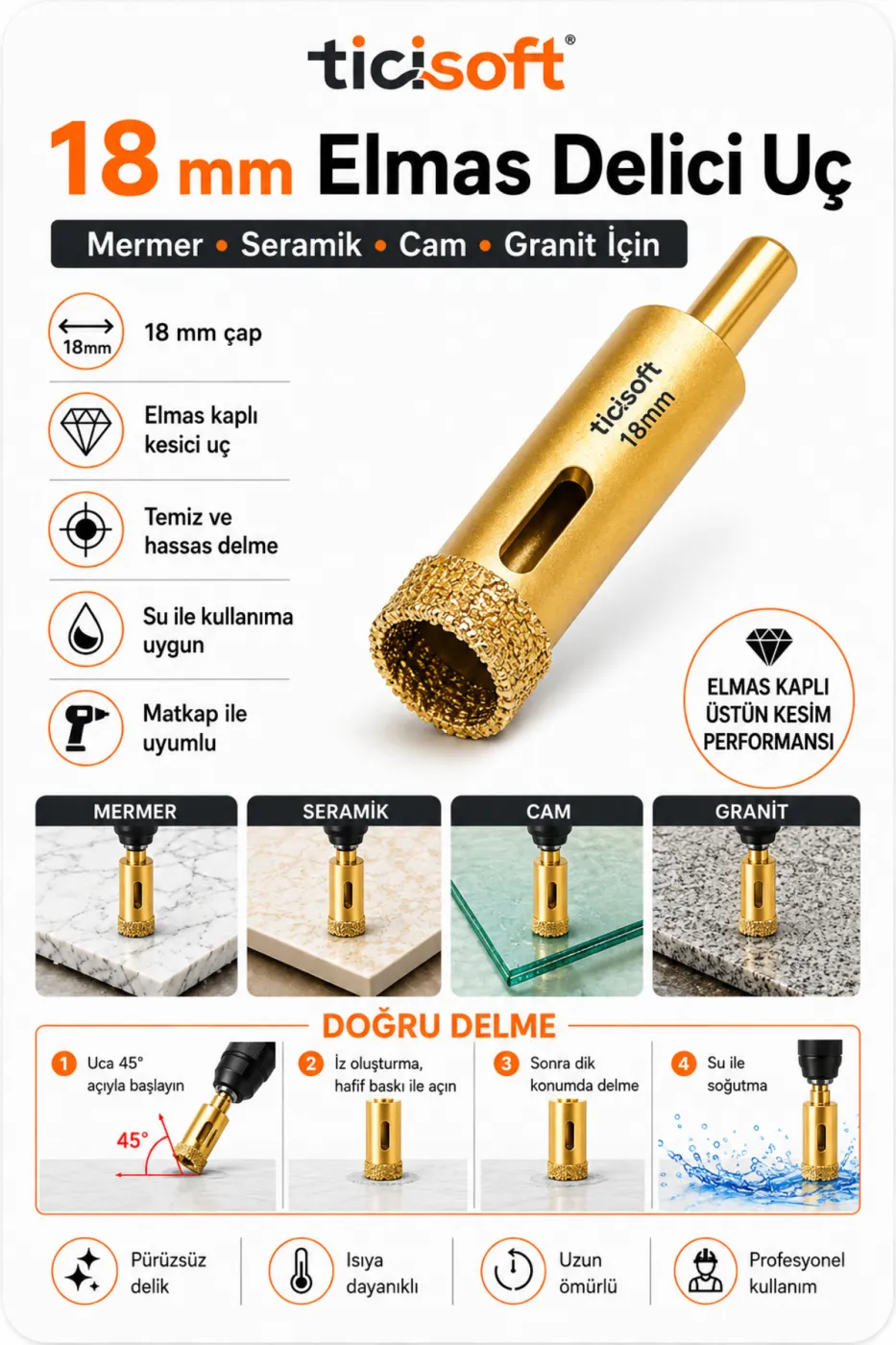 18 mm Elmas Delici Uç Mermer Seramik Cam Granit Panç Matkap Ucu