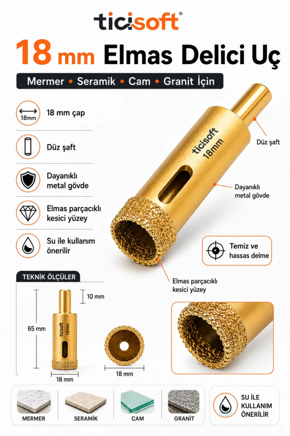 18 mm Elmas Delici Uç Mermer Seramik Cam Granit Panç Matkap Ucu