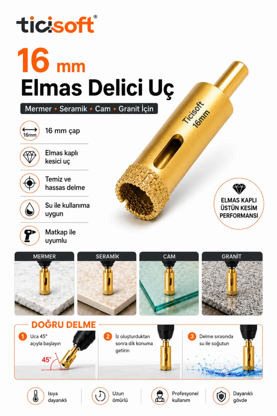 16 mm Elmas Delici Uç Mermer Seramik Cam Granit Panç Matkap Ucu