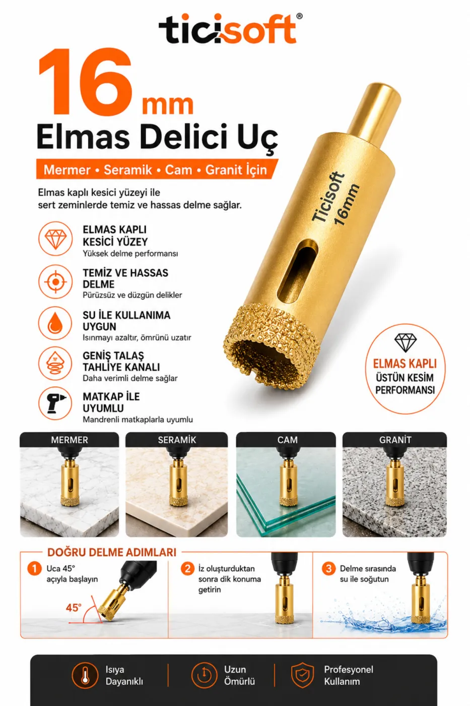 16 mm Elmas Delici Uç Mermer Seramik Cam Granit Panç Matkap Ucu