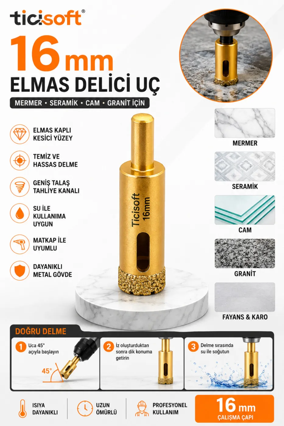 16 mm Elmas Delici Uç Mermer Seramik Cam Granit Panç Matkap Ucu