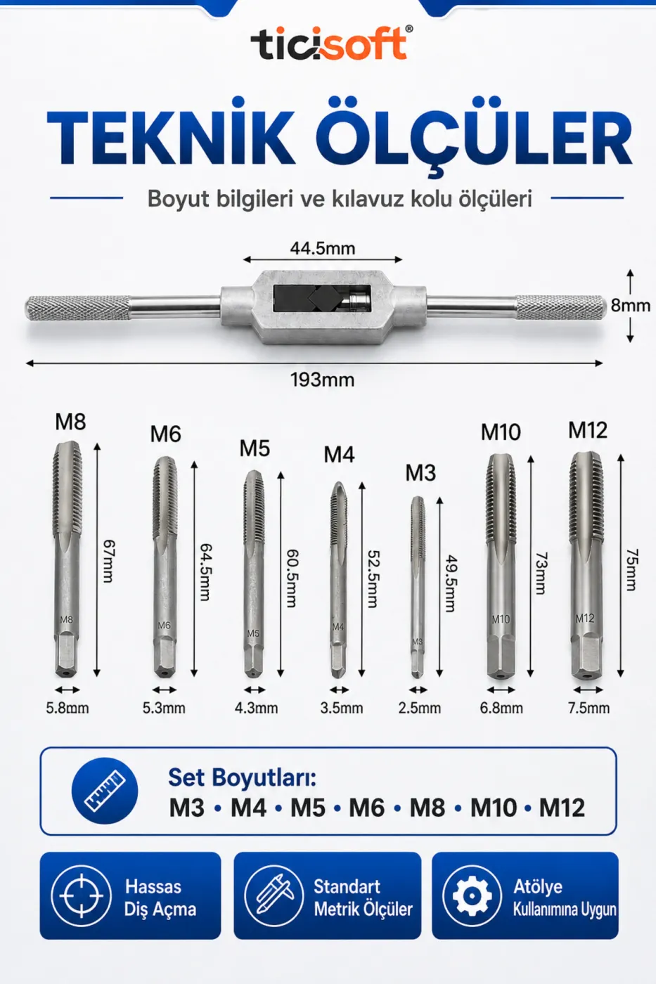 8 Parça Kılavuz Açma Seti M3 M4 M5 M6 M8 M10 M12 HSS 6542 Metrik Vida Paso Tamir Seti Ayarlanabilir Kılavuz Kollu