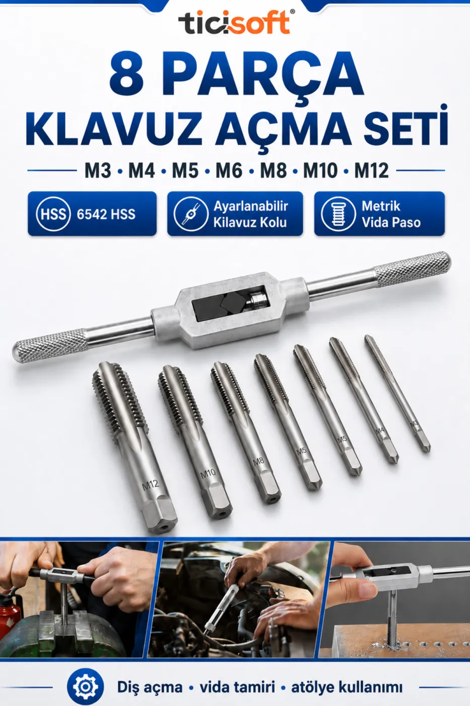 8 Parça Kılavuz Açma Seti M3 M4 M5 M6 M8 M10 M12 HSS 6542 Metrik Vida Paso Tamir Seti Ayarlanabilir Kılavuz Kollu