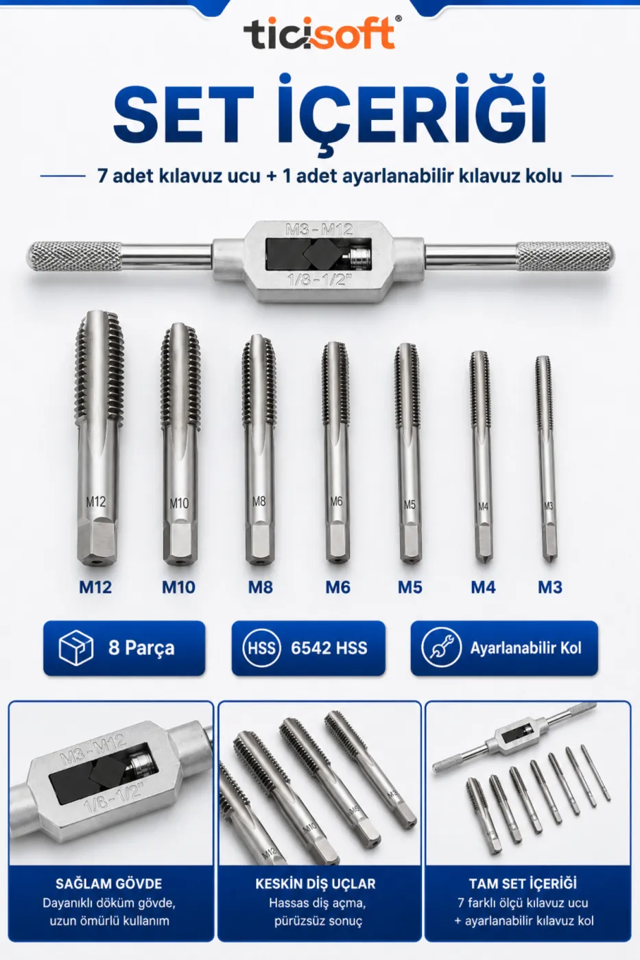 8 Parça Kılavuz Açma Seti M3 M4 M5 M6 M8 M10 M12 HSS 6542 Metrik Vida Paso Tamir Seti Ayarlanabilir Kılavuz Kollu