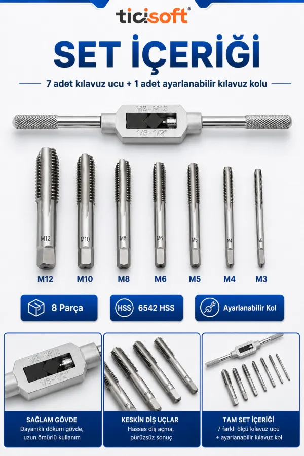 8 Parça Kılavuz Açma Seti M3 M4 M5 M6 M8 M10 M12 HSS 6542 Metrik Vida Paso Tamir Seti Ayarlanabilir Kılavuz Kollu
