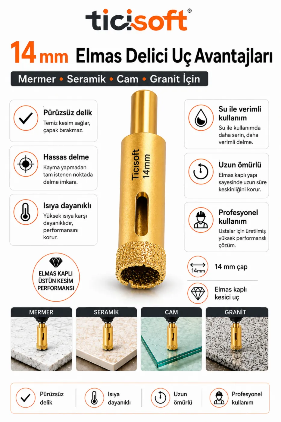 14 mm Elmas Delici Uç Mermer Seramik Cam Granit Panç Matkap Ucu