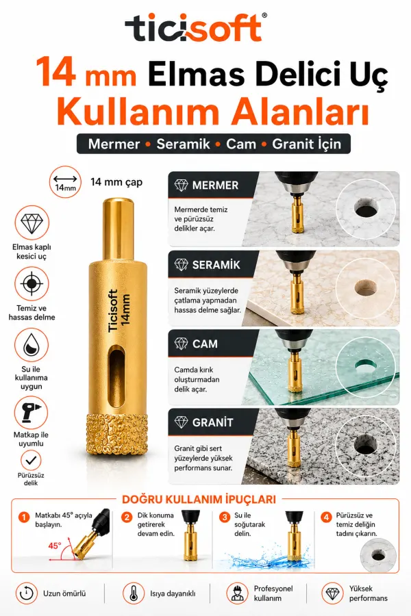 14 mm Elmas Delici Uç Mermer Seramik Cam Granit Panç Matkap Ucu
