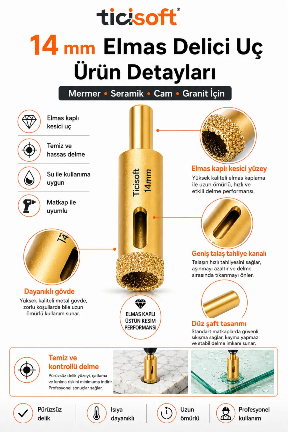 14 mm Elmas Delici Uç Mermer Seramik Cam Granit Panç Matkap Ucu