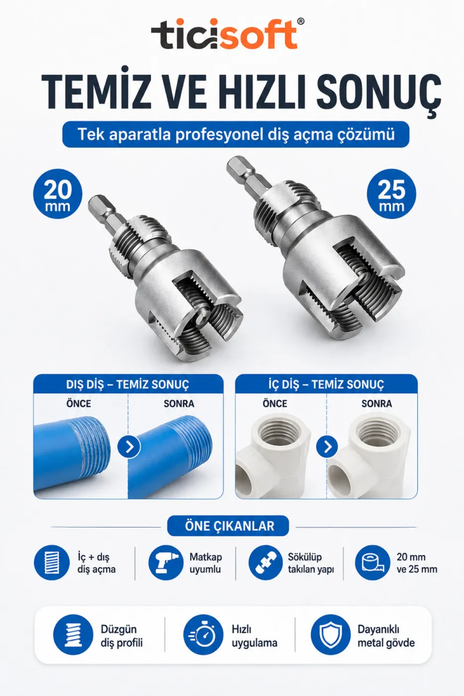 PPRC PVC Boru İç Dış Diş Açma Aparatı Seti 20 mm 25 mm Matkap Uyumlu Pafta Seti