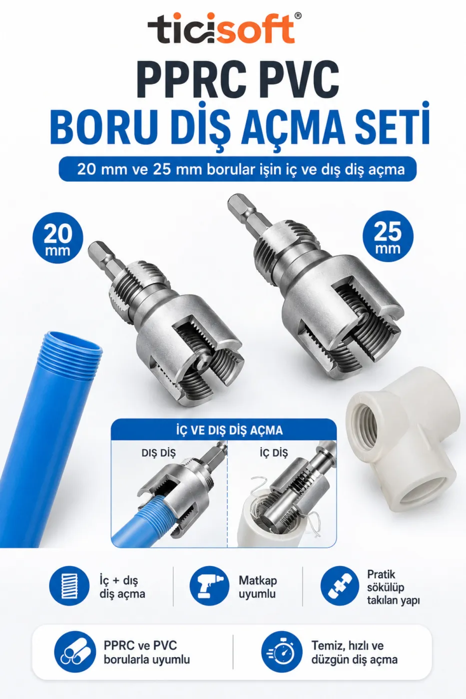 PPRC PVC Boru İç Dış Diş Açma Aparatı Seti 20 mm 25 mm Matkap Uyumlu Pafta Seti