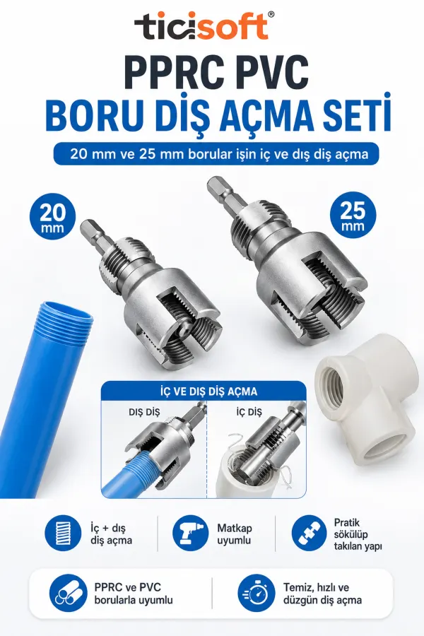 PPRC PVC Boru İç Dış Diş Açma Aparatı Seti 20 mm 25 mm Matkap Uyumlu Pafta Seti