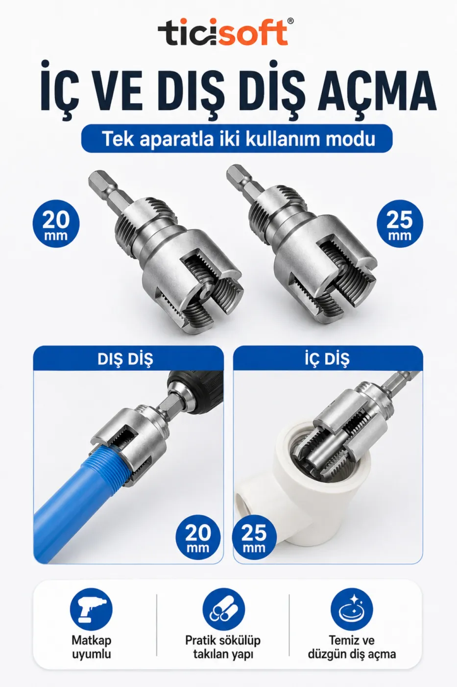 PPRC PVC Boru İç Dış Diş Açma Aparatı Seti 20 mm 25 mm Matkap Uyumlu Pafta Seti