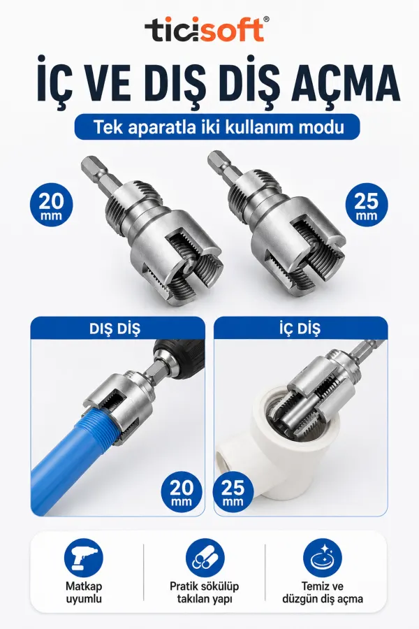 PPRC PVC Boru İç Dış Diş Açma Aparatı Seti 20 mm 25 mm Matkap Uyumlu Pafta Seti