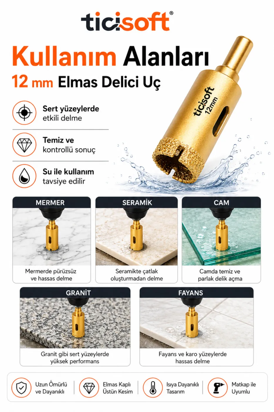 12 mm Elmas Delici Uç Mermer Seramik Cam Granit Panç Matkap Ucu