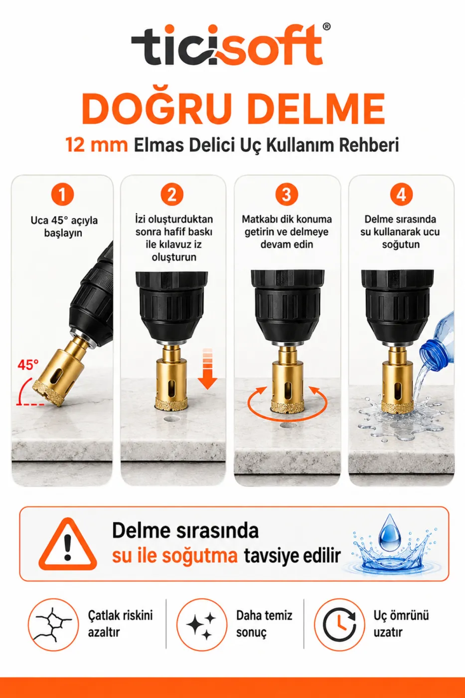 12 mm Elmas Delici Uç Mermer Seramik Cam Granit Panç Matkap Ucu